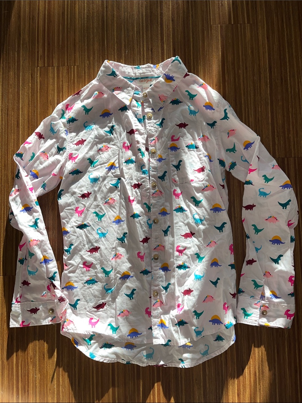 Girls' pink Button-Down Shirt with Colorful Dinosaur Print